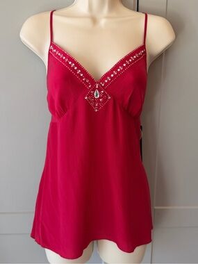 Daisy Fuentes 100% Silk Rhinestone Embellished Y2K Cami Top Red NWT Size L
